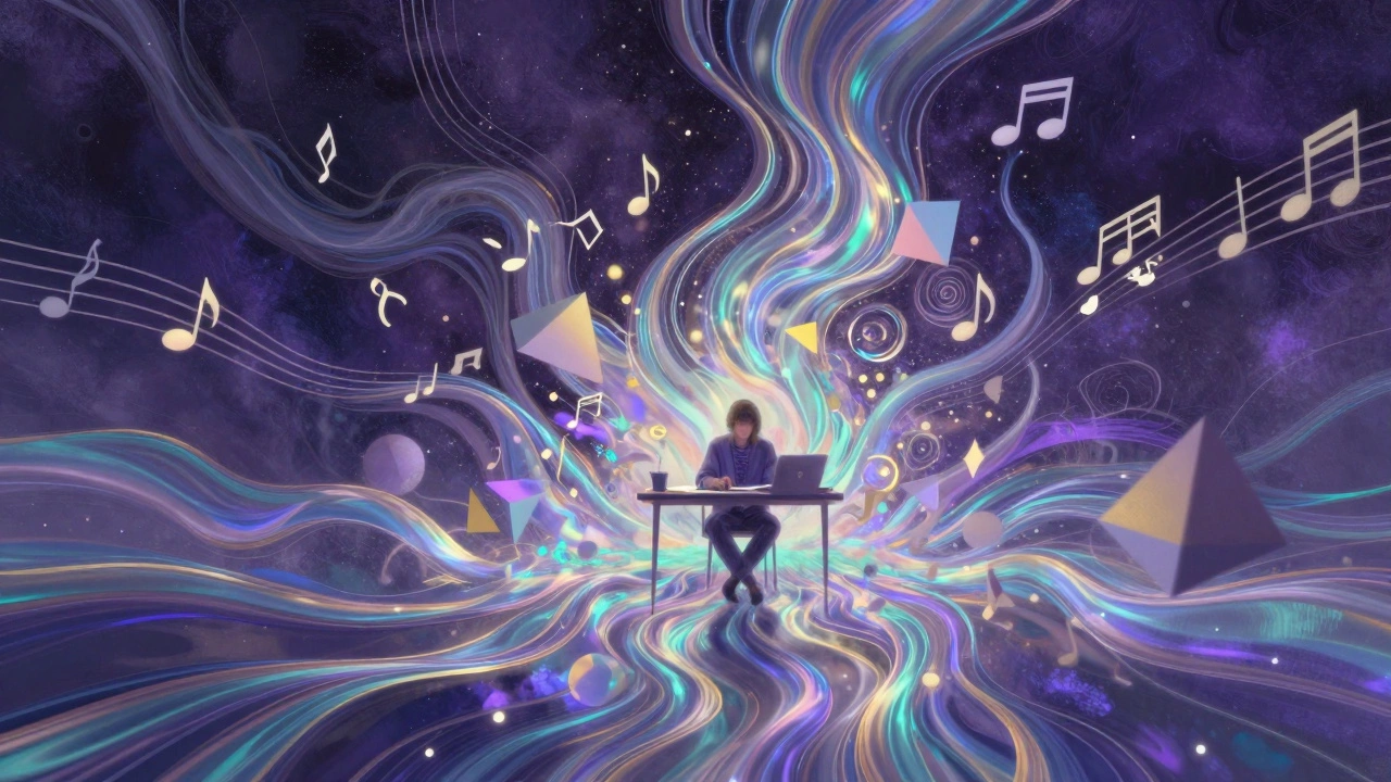 Художник в состоянии потока, окруженный сюрреалистическим потоком идей и цветов