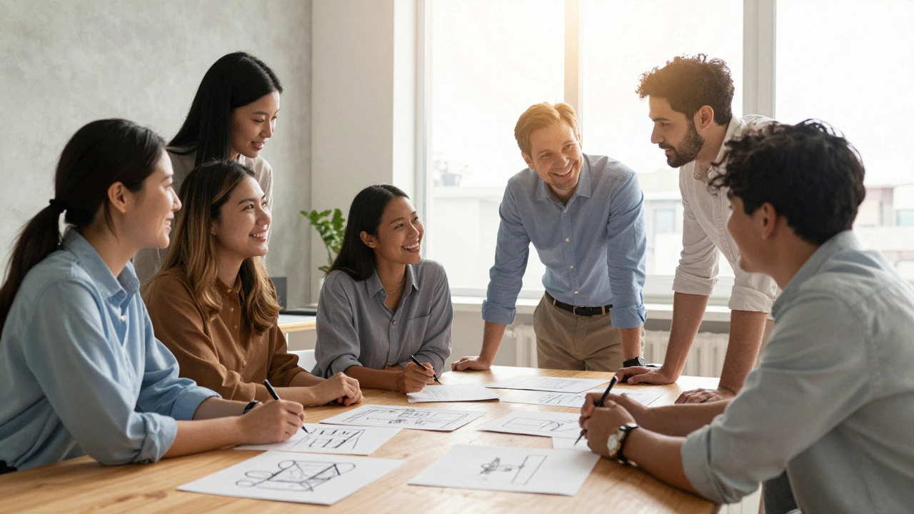 Коллеги в светлом современном офисе обсуждают проект в дружеской атмосфере