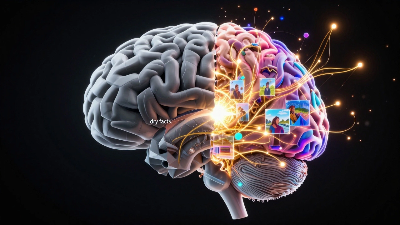 Концептуальное изображение мозга, где сухие факты сменяются яркими образами историй