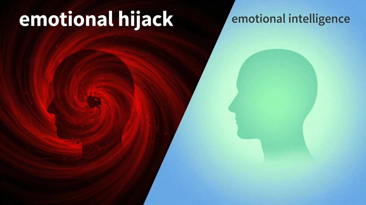 Контраст между эмоциональным хаосом в красных тонах и спокойным осознанным состоянием в синих