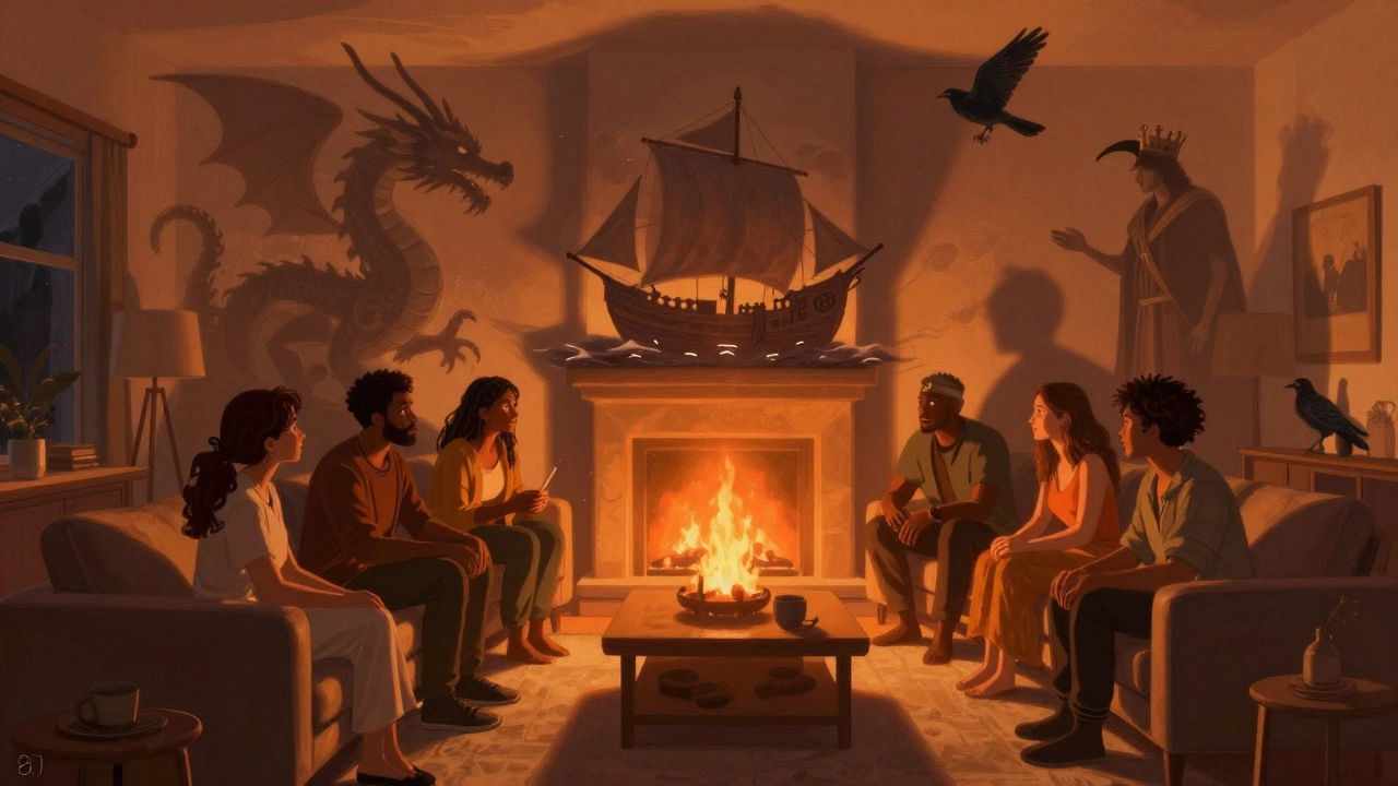 Люди слушают историю, а их тени превращаются в эпические мифологические образы