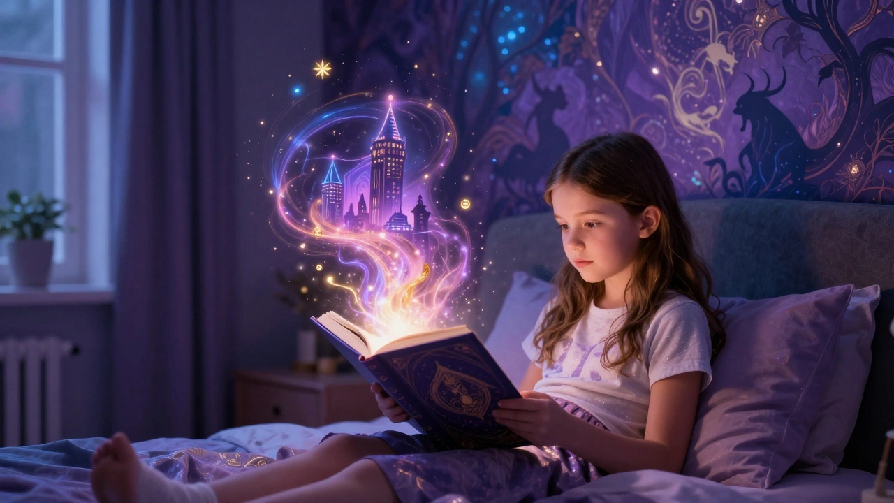 Магические искры и существа вылетают из книги, которую читает девочка