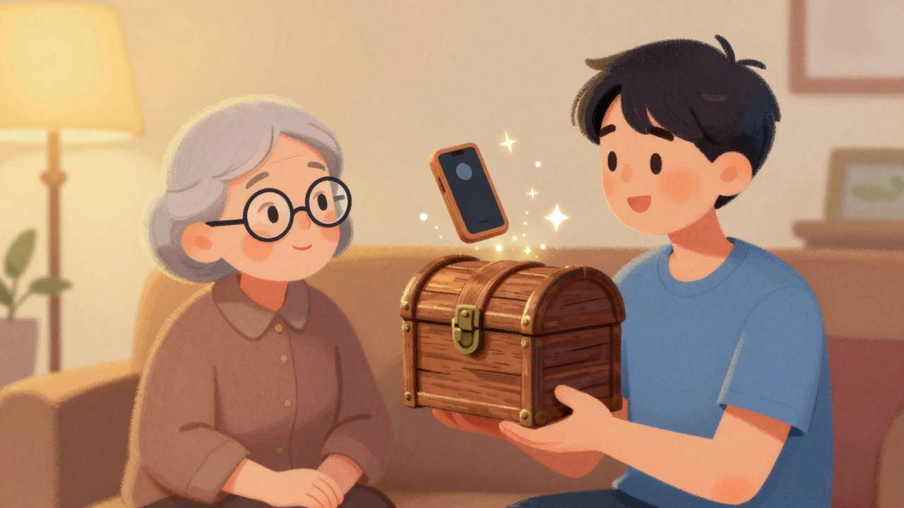 Пожилая женщина изучает метафору технологий в виде деревянного сундука с внуком.