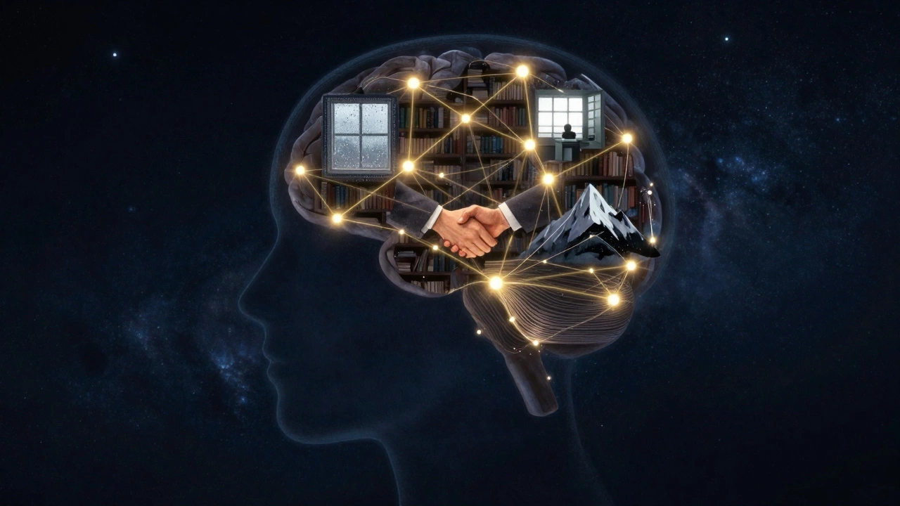 Профиль человека, где жизненные события в мозгу соединены светящимися нитями в одну историю