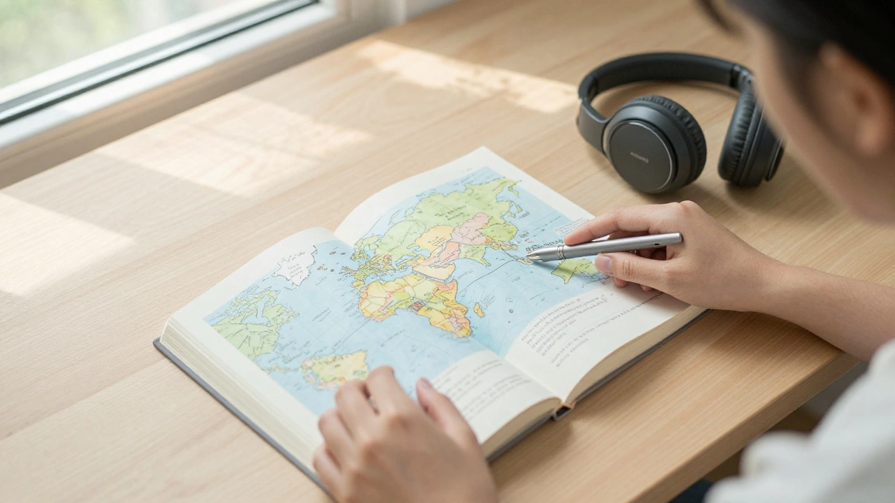 Рабочий стол с книгой, наушниками и нарисованной картой вымышленного мира