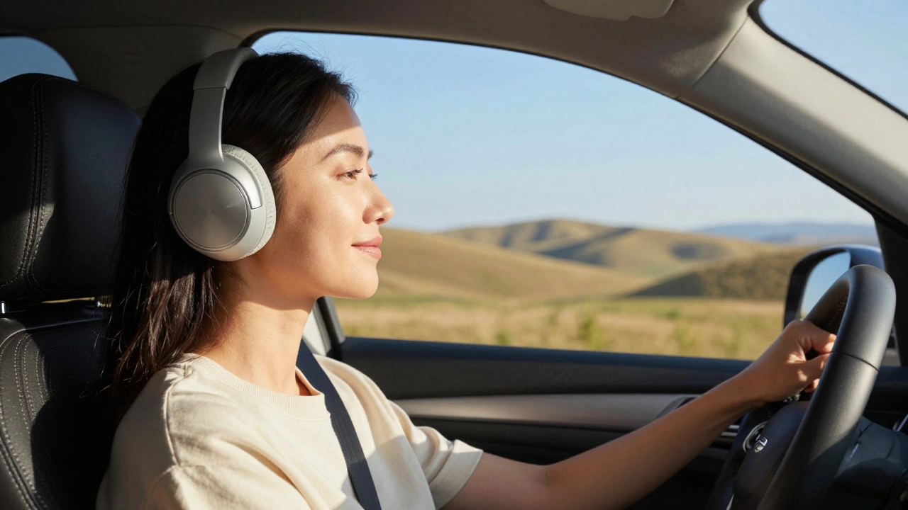 Расслабленный пассажир в наушниках смотрит на горизонт во время поездки