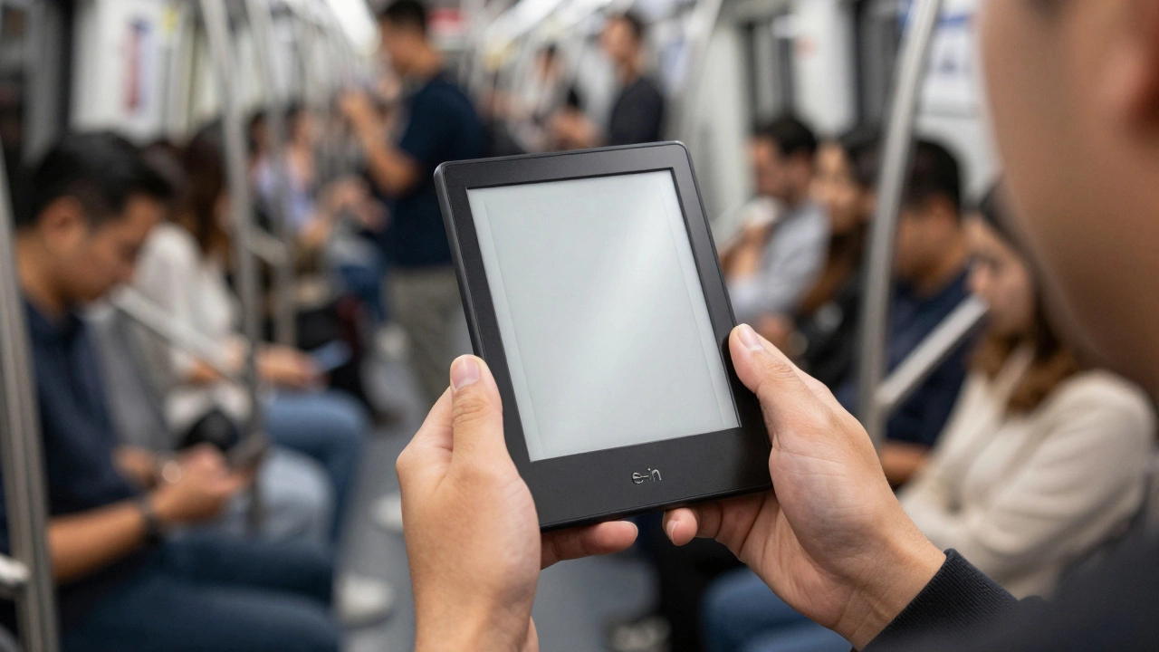 Рука пассажира в метро с электронной книгой на фоне размытого движения