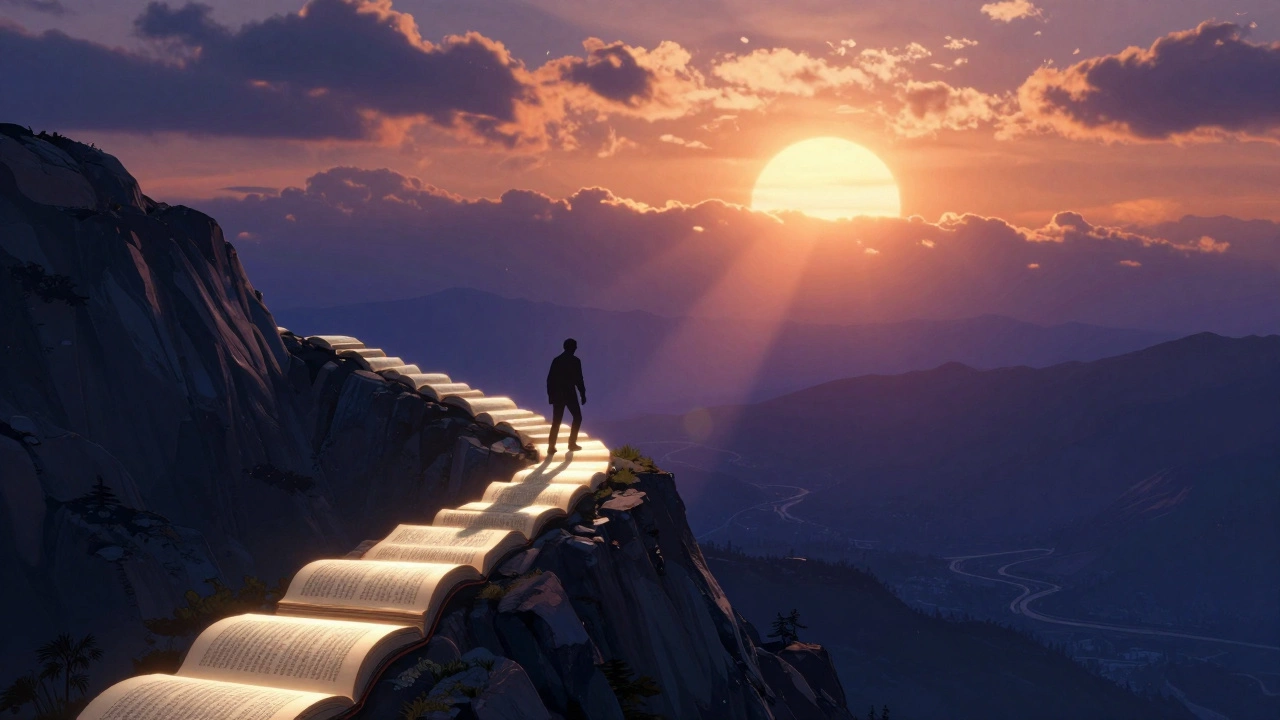 Силуэт человека, поднимающегося по лестнице из книг к свету, символизирующий путь героя