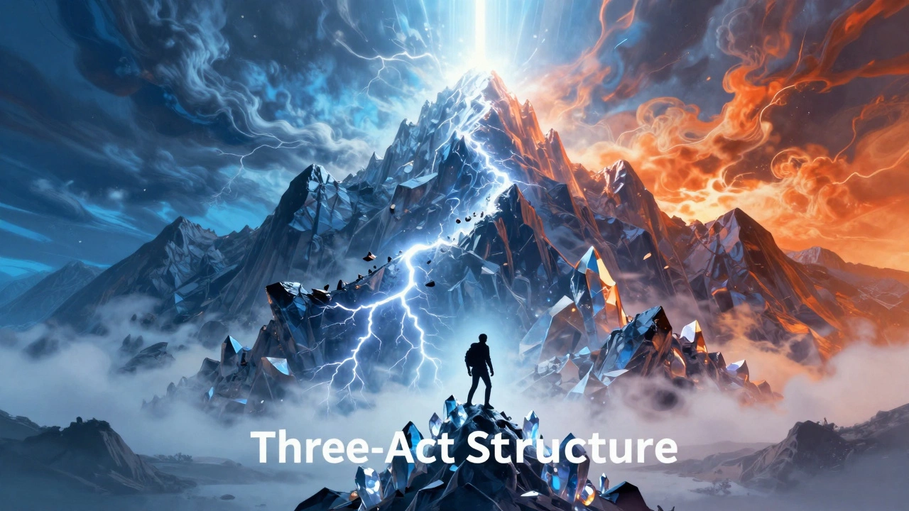 Силуэт героя, поднимающегося по горе, разделенной на три этапа повествования