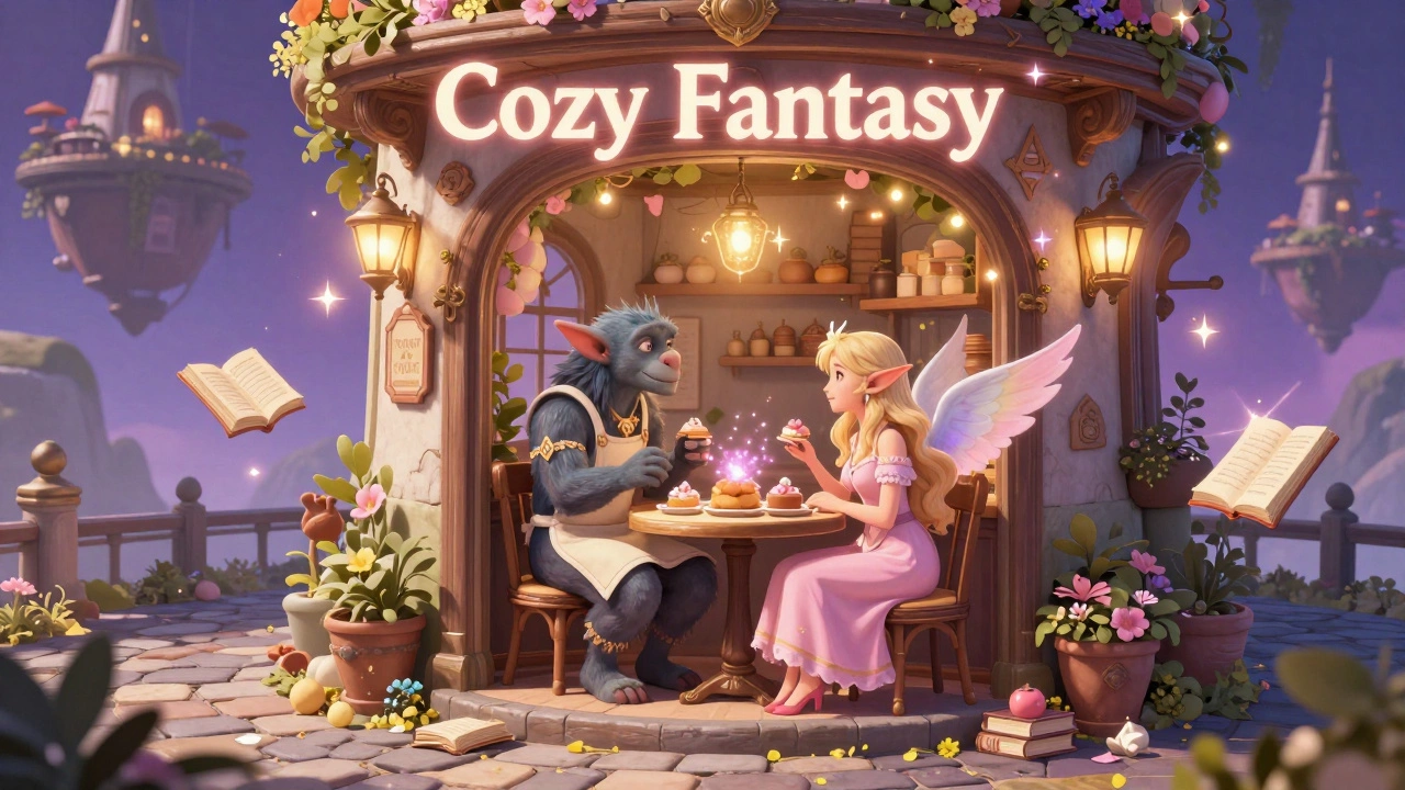 Сказочное кафе в магическом городе с орком и эльфом в стиле уютного фэнтези