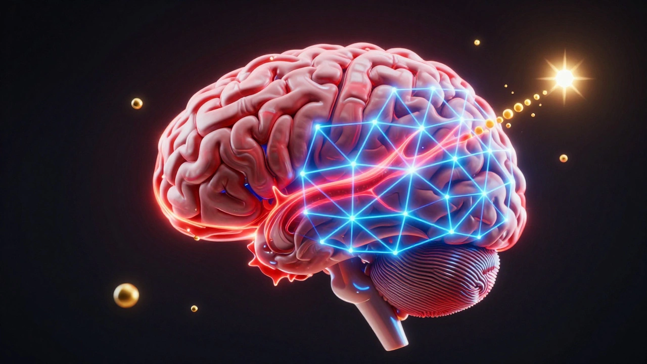 Стилизованный мозг с красной эмоциональной волной и синей логической сеткой