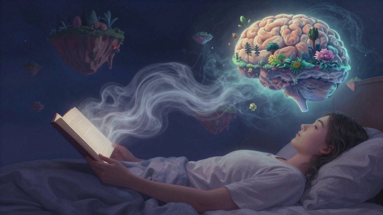 Сюрреалистический образ: из книги вылетают сказочные пейзажи, убаюкивая читателя