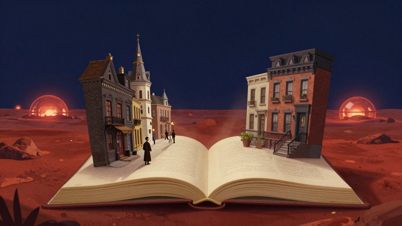 Сюрреалистичная иллюстрация с мирами Чехова, О. Генри и Брэдбери, выходящими из книги