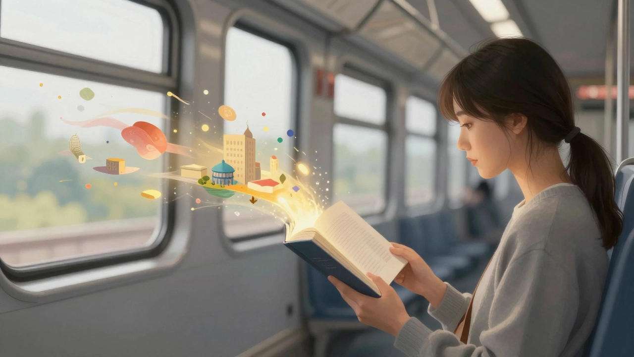 Сюрреалистичное изображение человека, погруженного в чтение в поезде