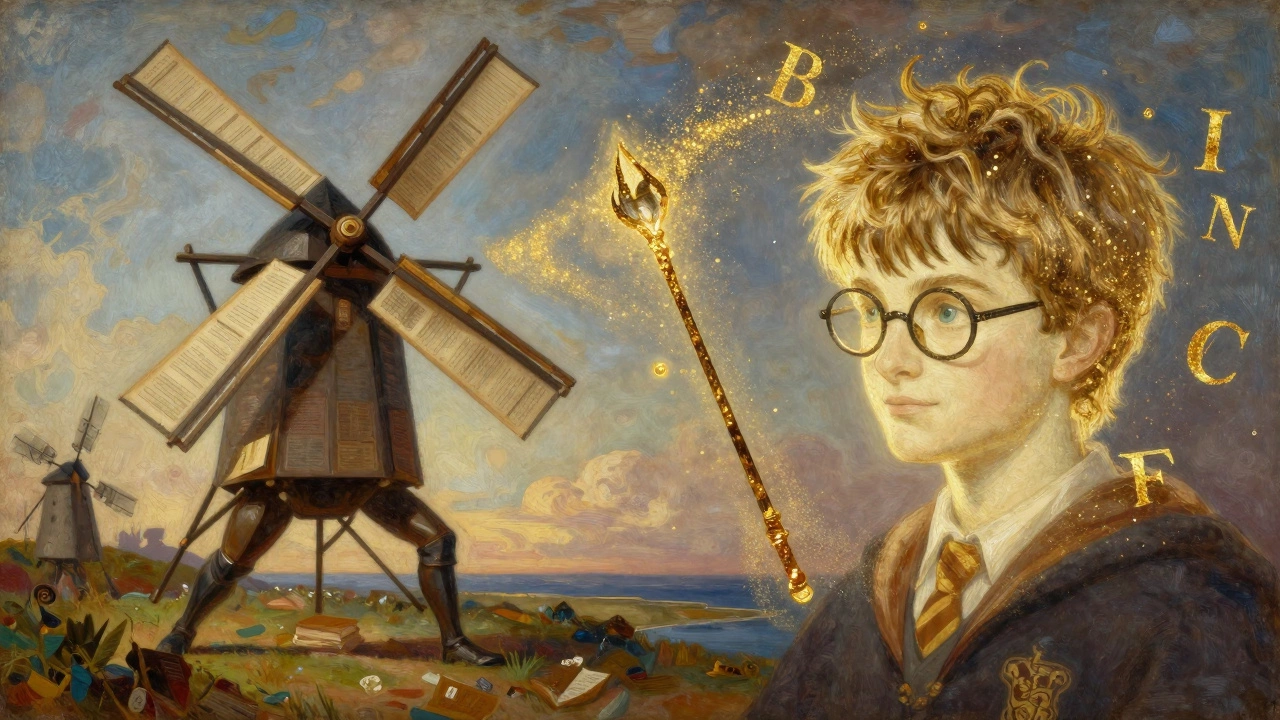 Сюрреалистичный коллаж с Дон Кихотом и элементами магии Гарри Поттера