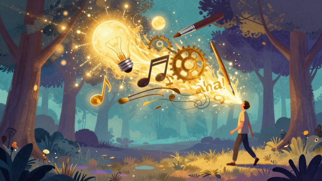 Сюрреалистичный образ творческого озарения с золотыми искрами и летающими символами идей