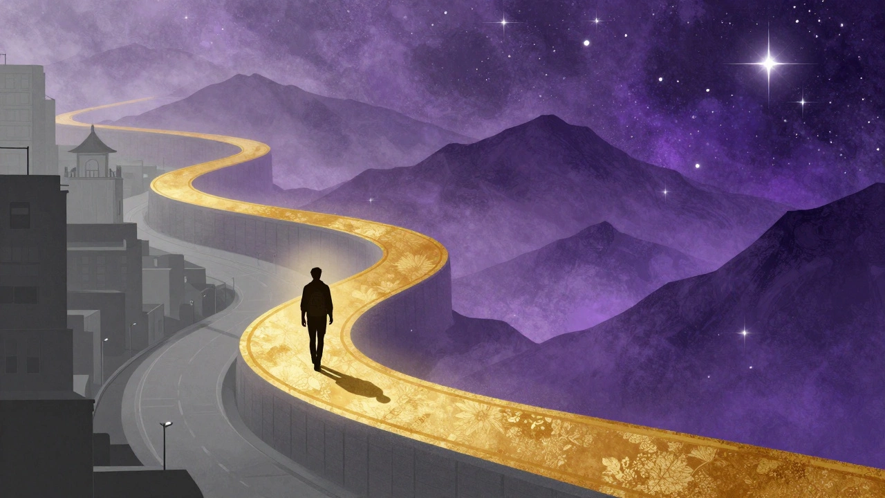 Сюрреалистичный путь героя от города к звездам, символизирующий внутренний рост