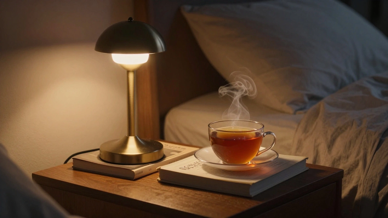 Уютный прикроватный столик с книгами и лампой в теплом вечернем освещении