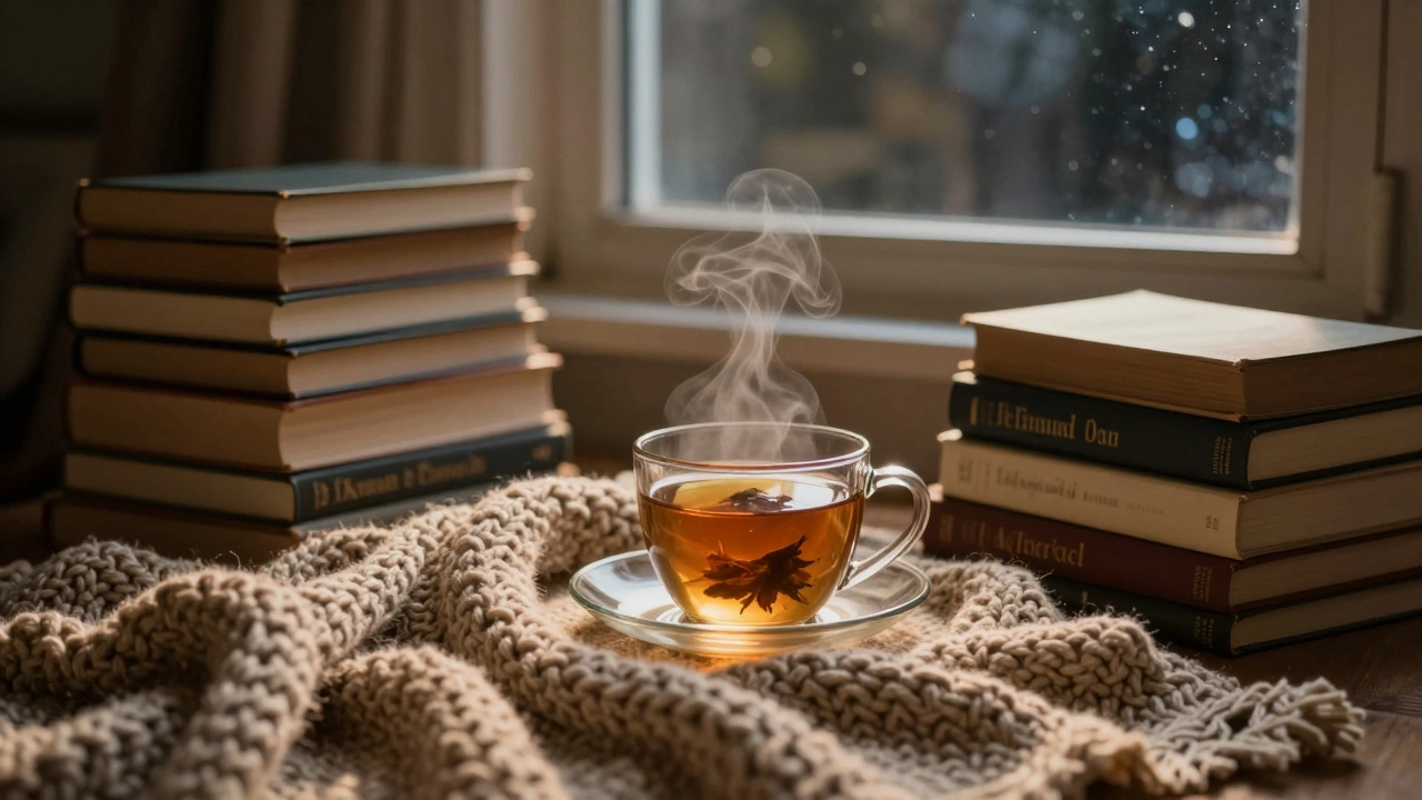 Уютный уголок с книгами, пледом и чашкой чая в теплом вечернем освещении