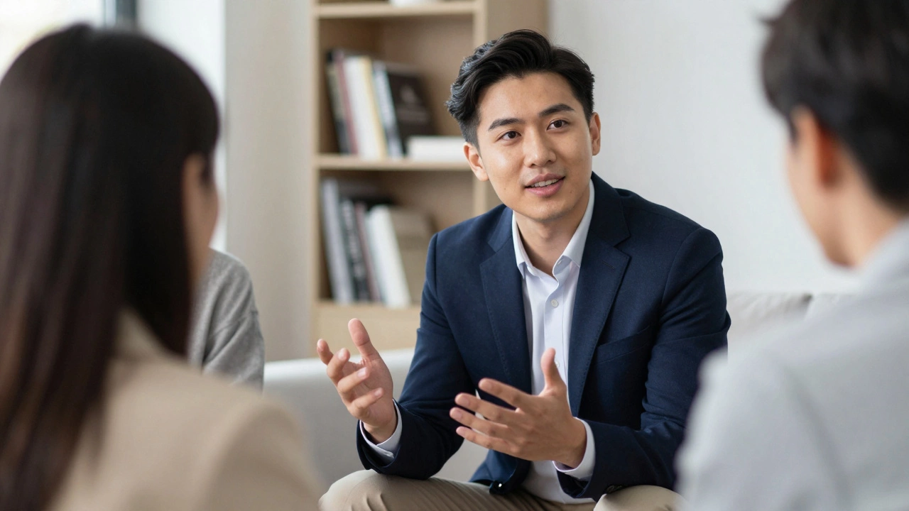 Уверенный человек ведет интересную беседу в компании друзей