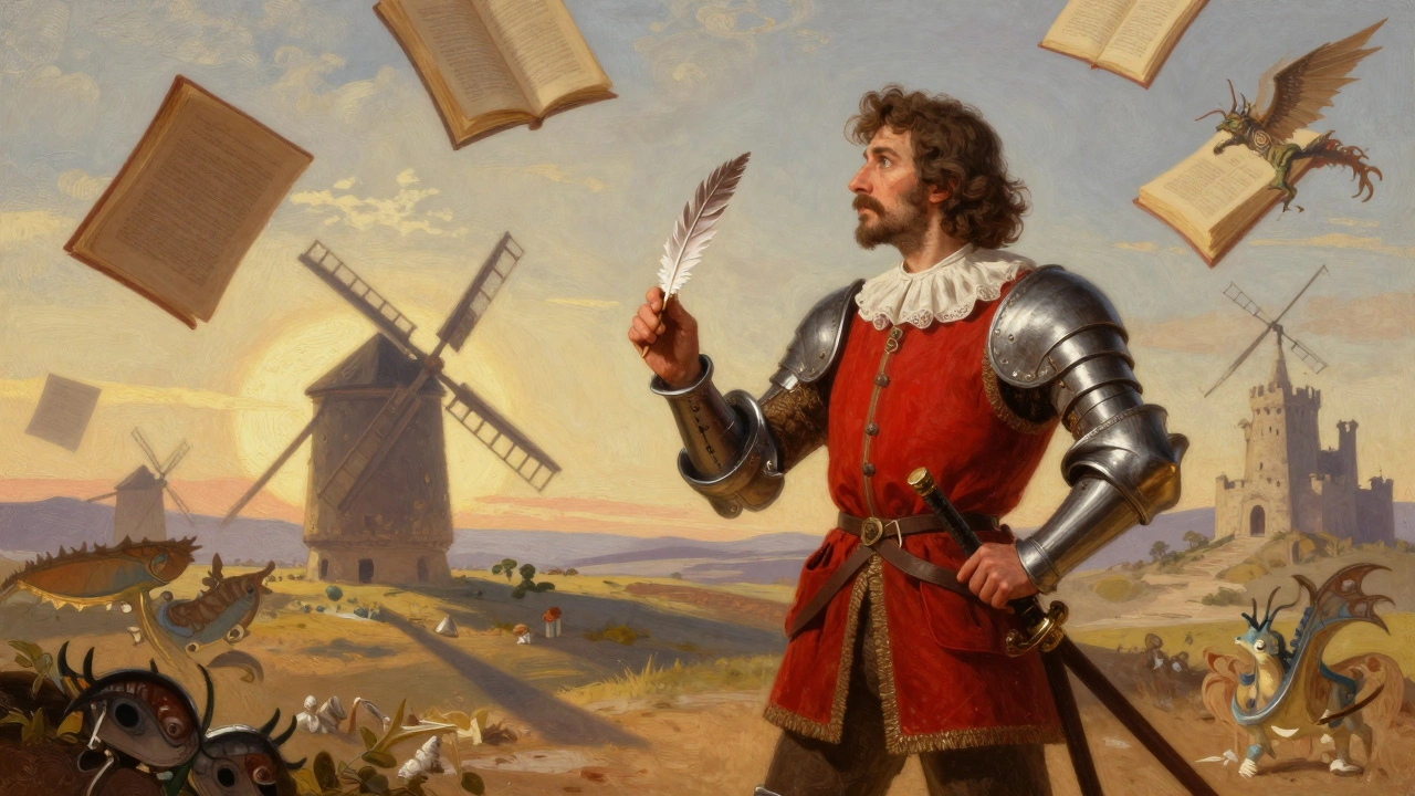 Дон Кихот и Сервантес в сюрреалистичном пейзаже из книг