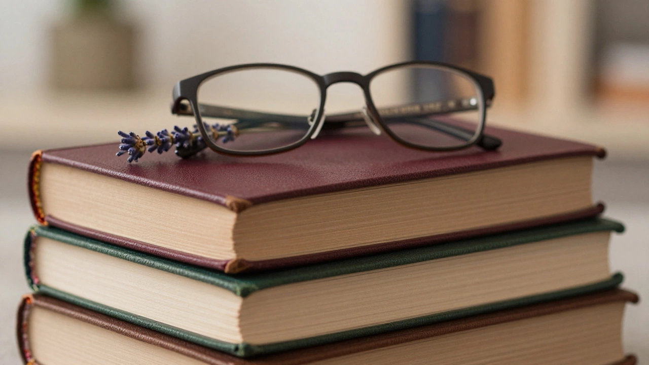 Классические книги в кожаных переплетах и очки для чтения