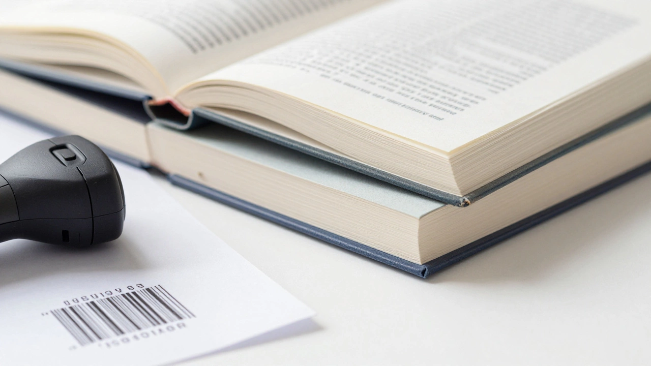 Книги с штрихкодами и ISBN на столе для учета библиотечного фонда