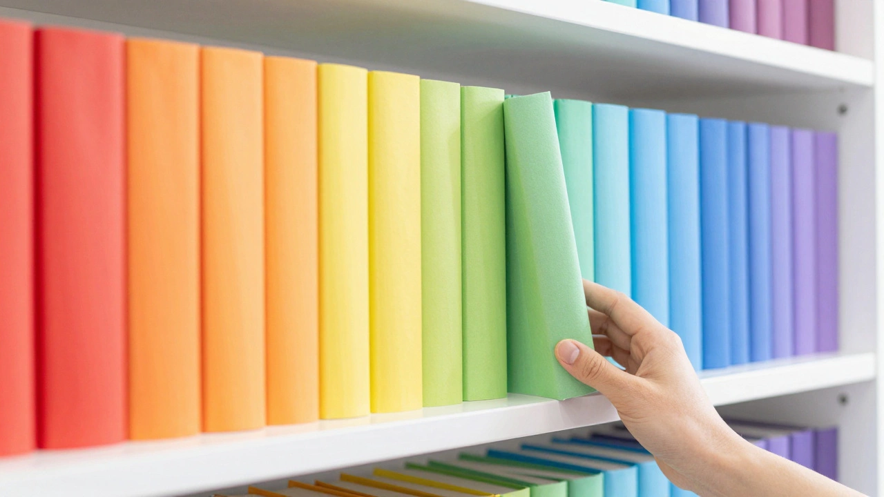 Книжный шкаф, отсортированный по цветовому спектру радуги