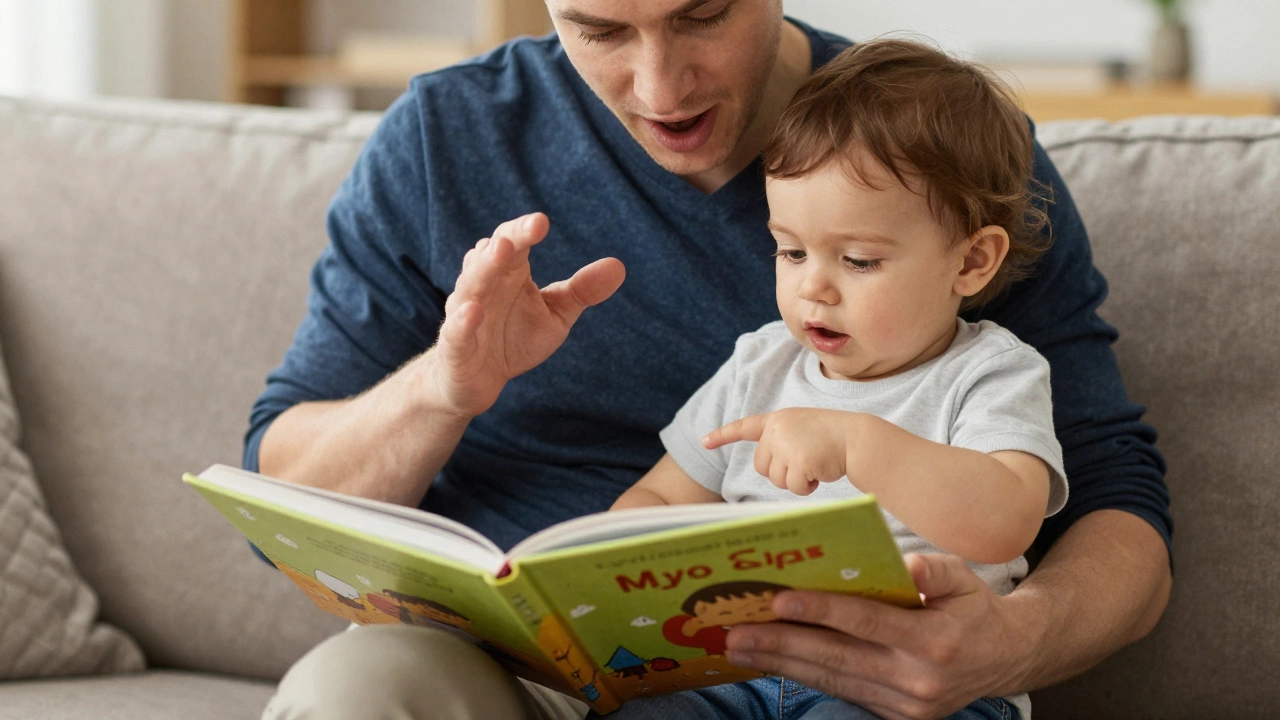 Родитель читает вслух двухлетнему ребенку, указывая на картинки