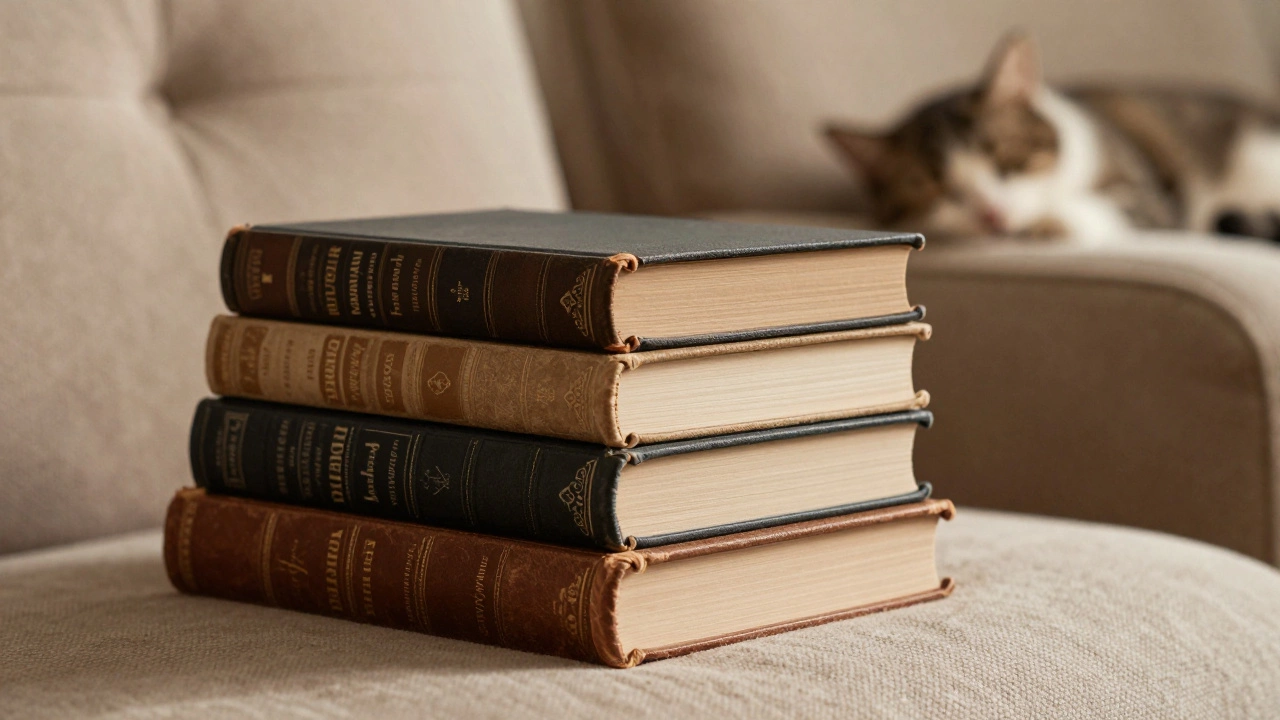 Стек классических книг при теплом свете лампы рядом со спящим котом