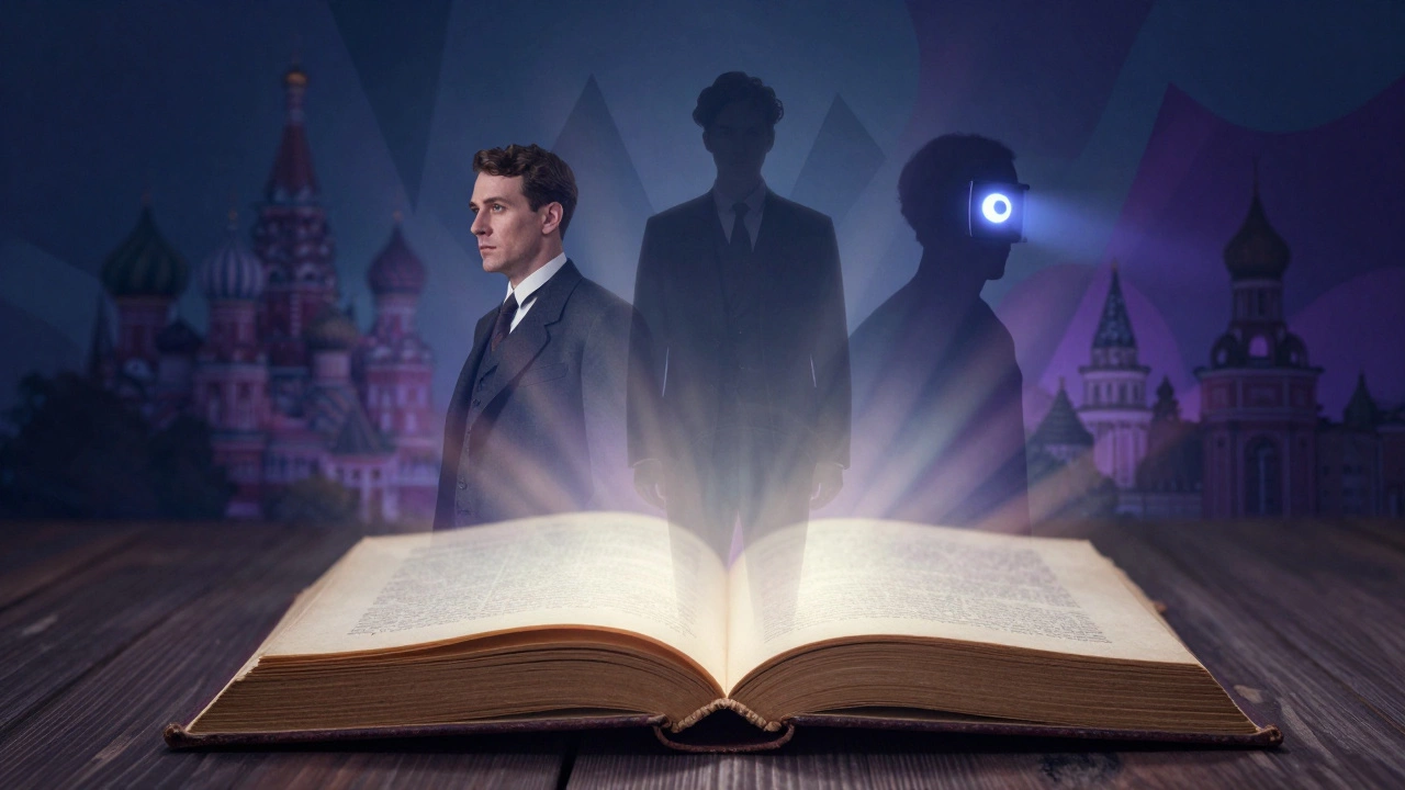 Сюрреалистичная сцена с книгой и символами классической литературы