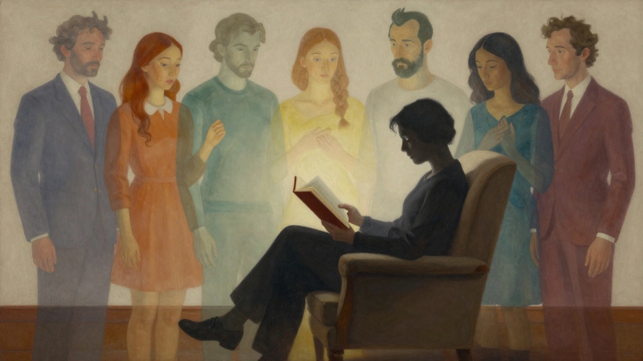Человек читает, сливаясь с персонажами книги, что символизирует эмпатию