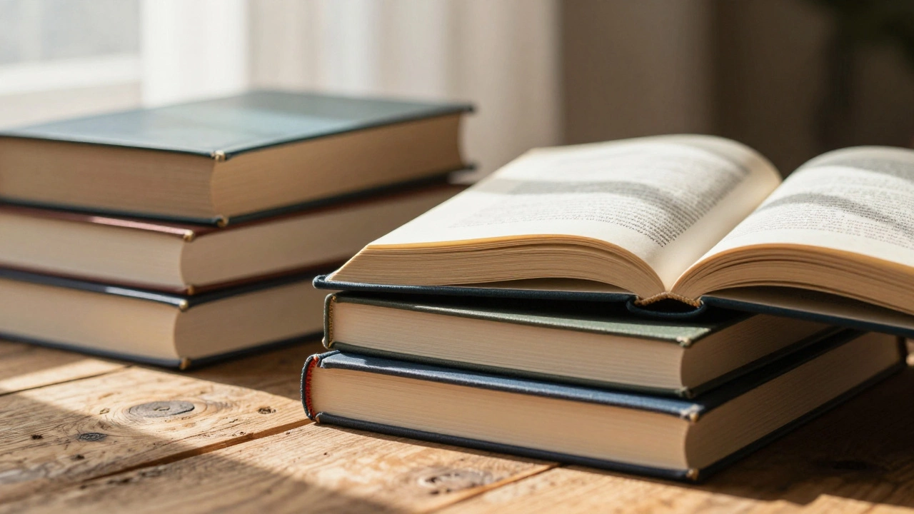 Куча бумажных книг на деревянном столе при мягком свете