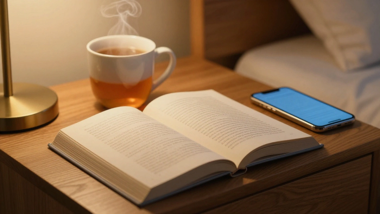 Открытая книга на тумбочке при мягком свете лампы для снижения стресса