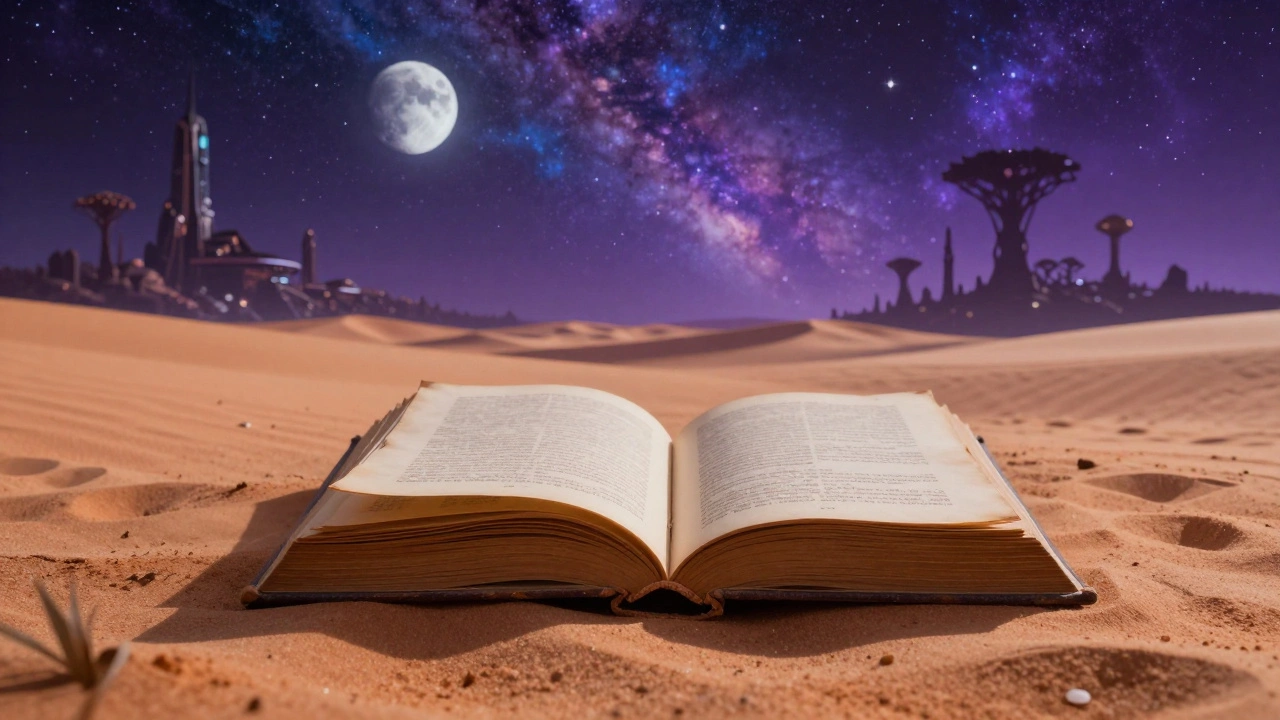 Открытая книга, превращающаяся в фантастический пейзаж с двойными лунами