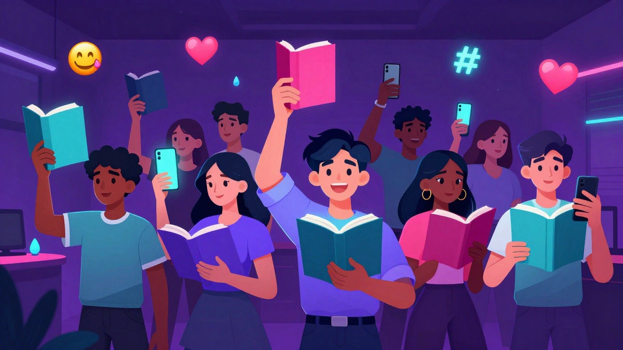 Подростки обсуждают книги под светом смартфонов в стиле BookTok