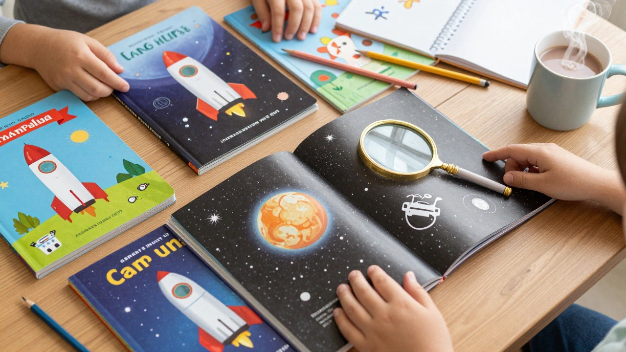 Разнообразные детские книги на столе: фантастика и детективы