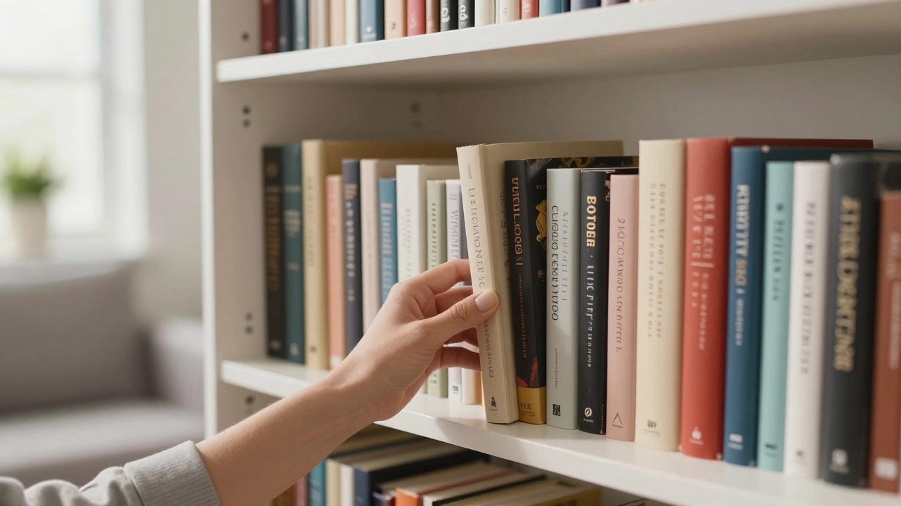 Рука выбирает подходящую книгу с уютной домашней полки
