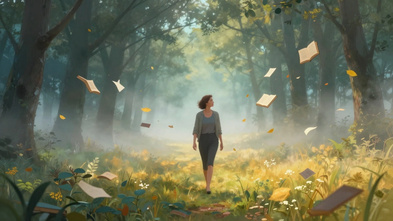 Женщина идет по лесной тропе среди книг