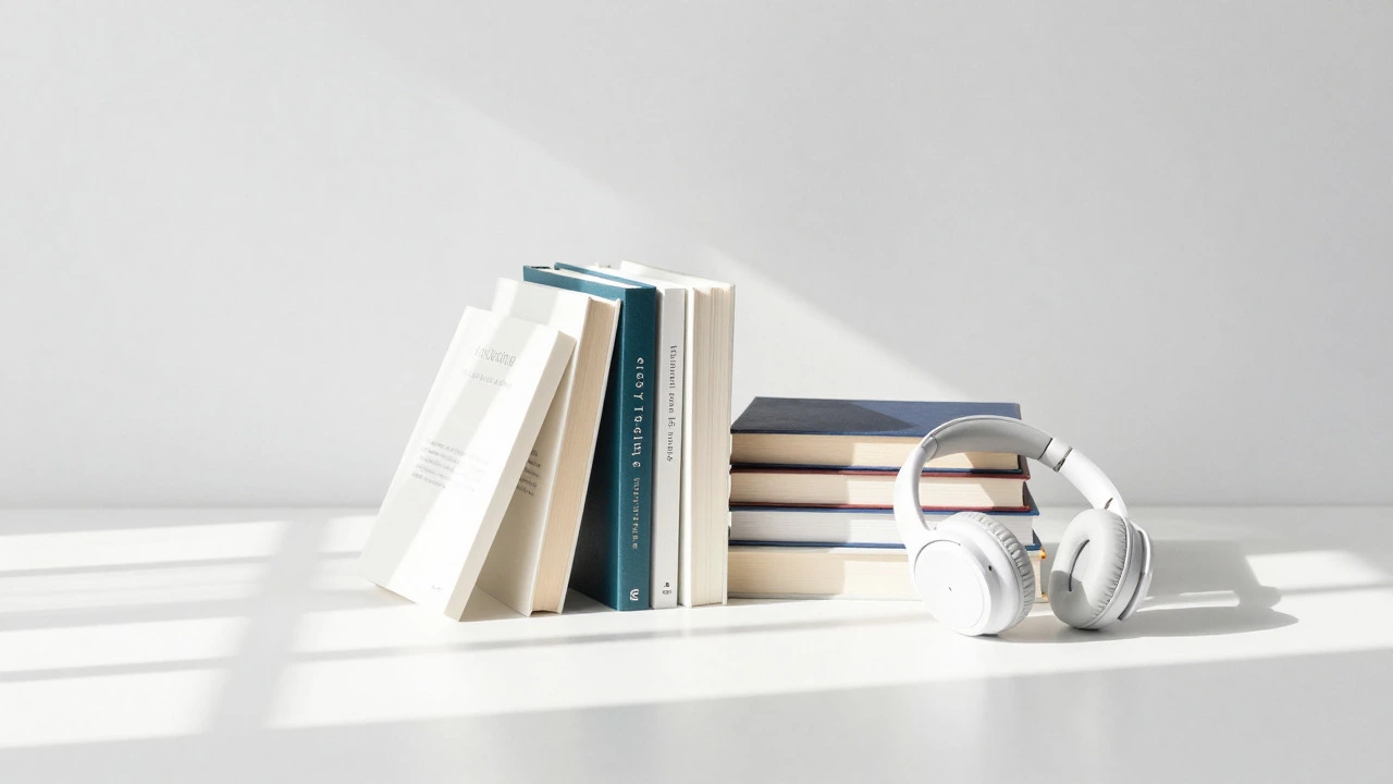 Книги и наушники на столе в мягком солнечном свете
