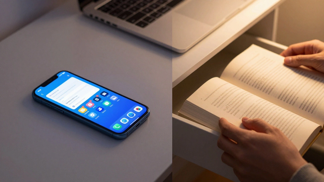 Контраст смартфона с уведомлениями и книги при теплом свете лампы