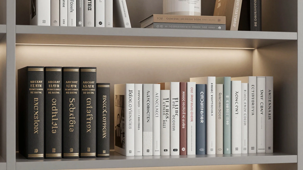 Организованная библиотека с тяжелыми книгами внизу и легкими сверху