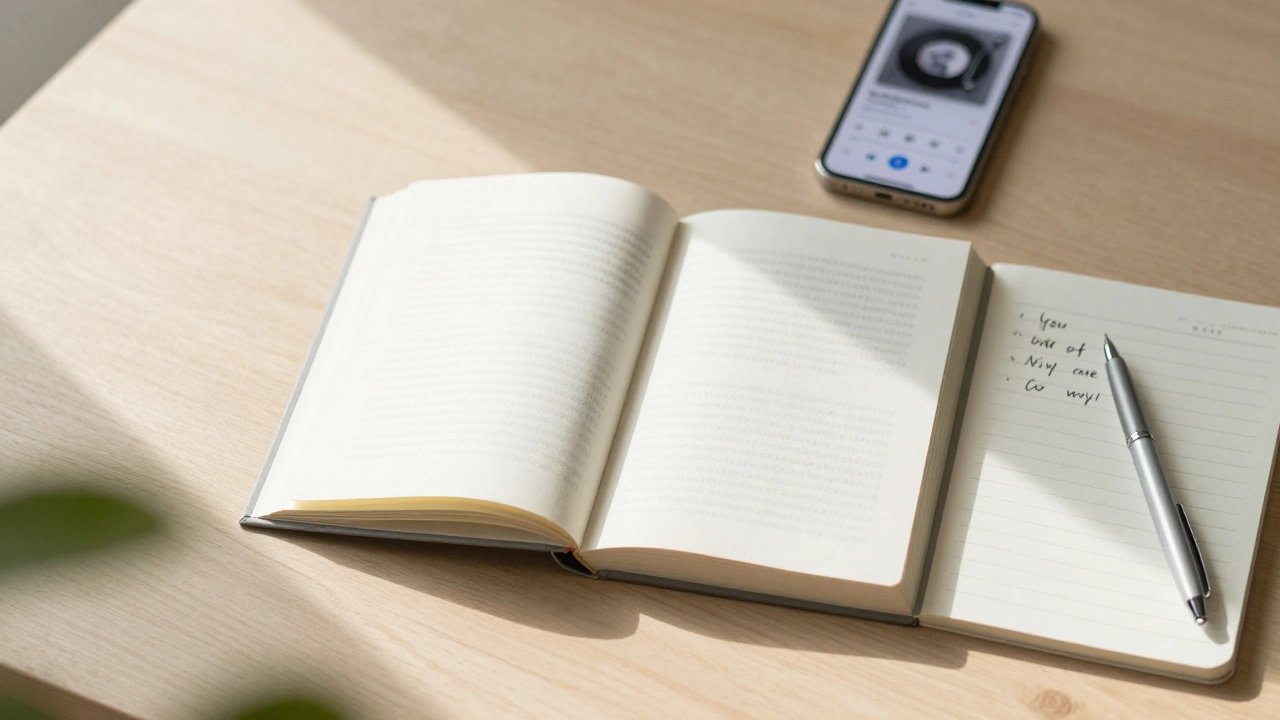 Открытая книга, блокнот с заметками и телефон для аудиокниг на столе