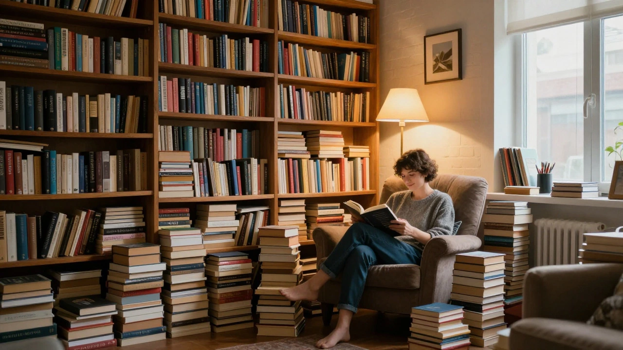 Человек читает в уютном углу, окружённом высокими книжными полками