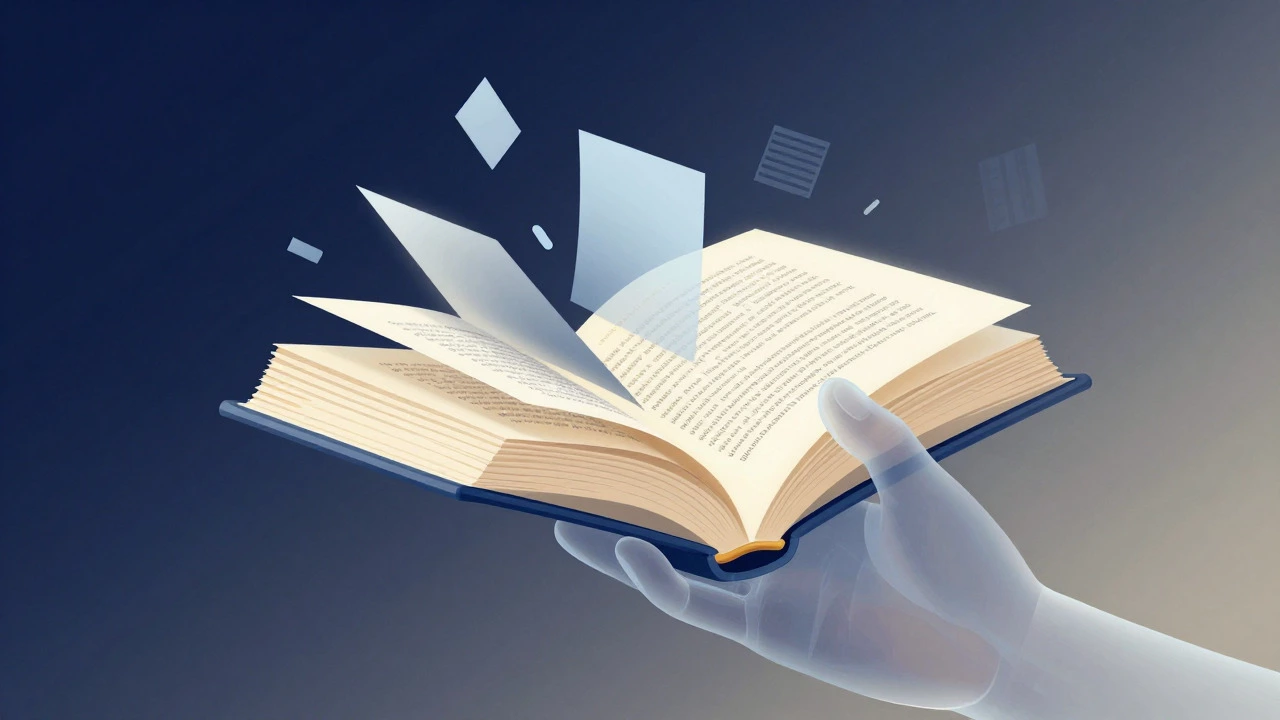 Conceptual illustration of a book's internal layers and structural elements floating in space