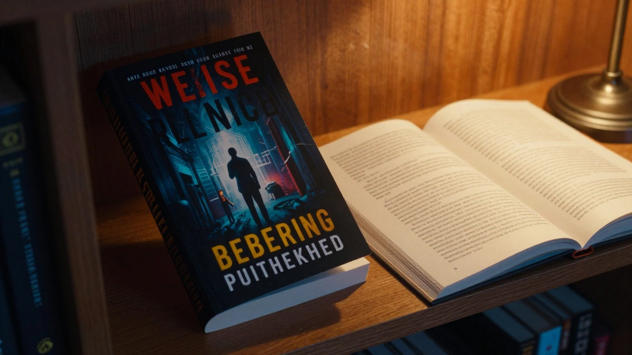 Finished book with attractive cover and open proof copy on a wooden shelf in warm light