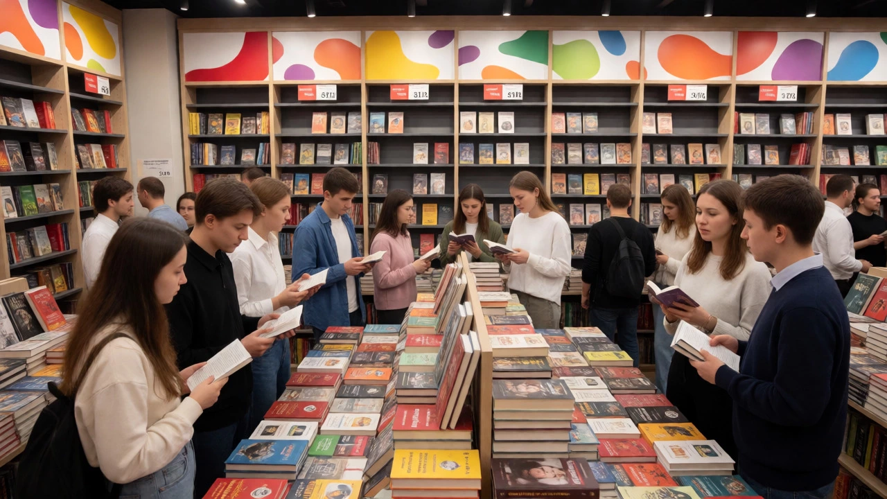 Интерьер книжного магазина с покупателями и полками, отражающий спрос на литературу