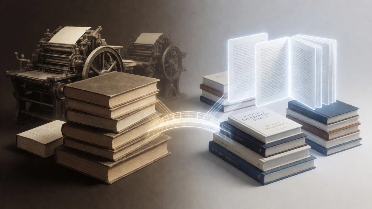 Концептуальная иллюстрация эволюции книгоиздания от массовых тиражей к нишевым