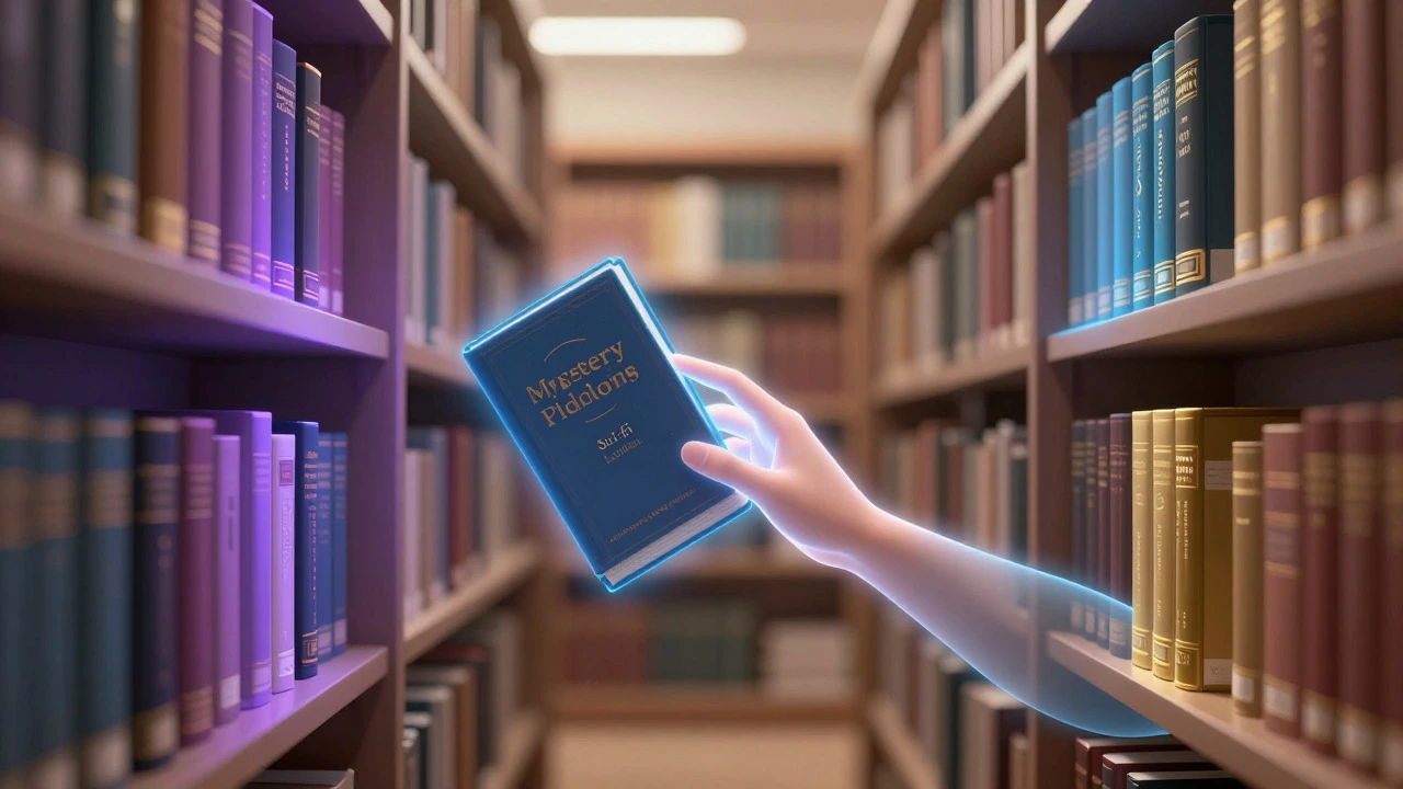 Концептуальная иллюстрация сортировки книг по жанрам в абстрактной библиотеке