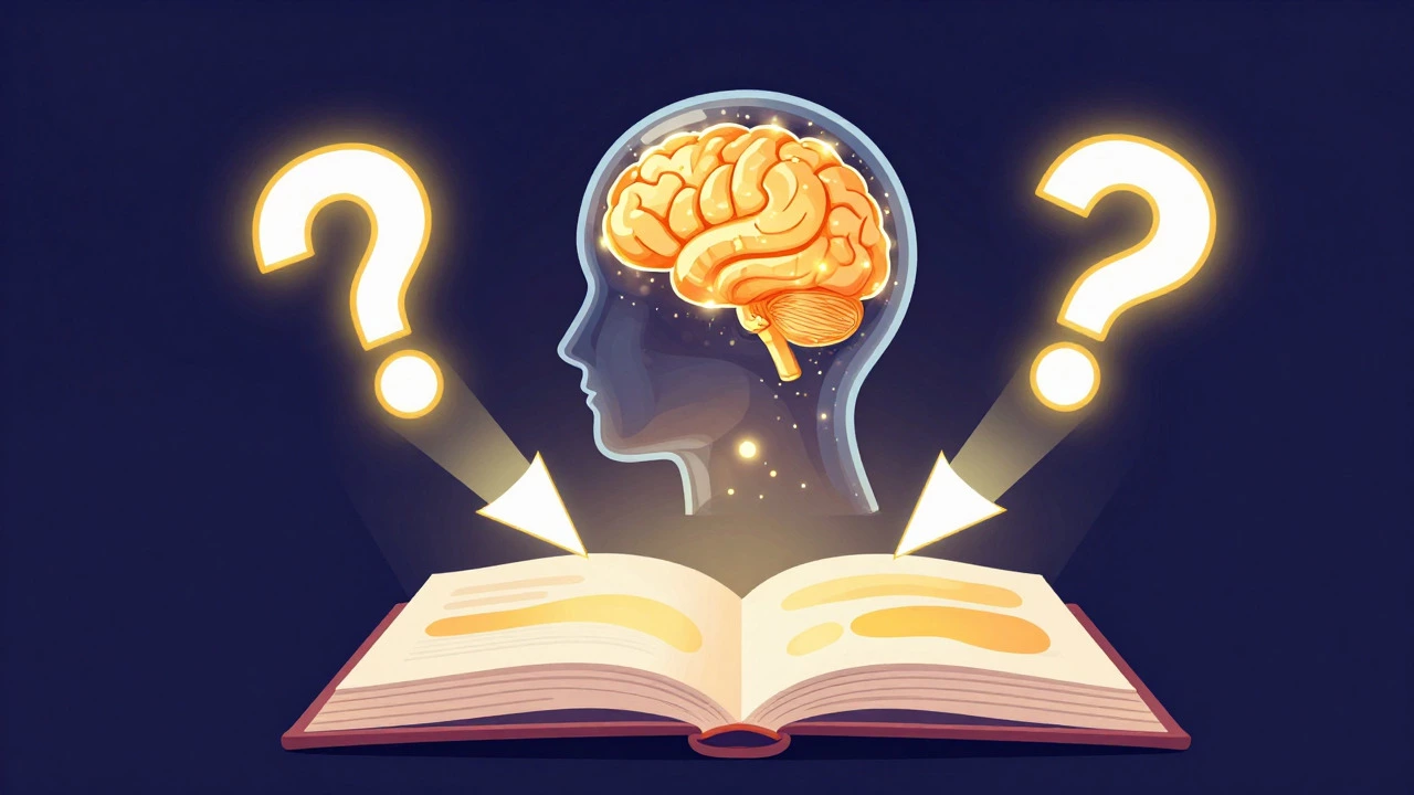 Концептуальное изображение мозга, задающего вопросы книге для лучшего понимания